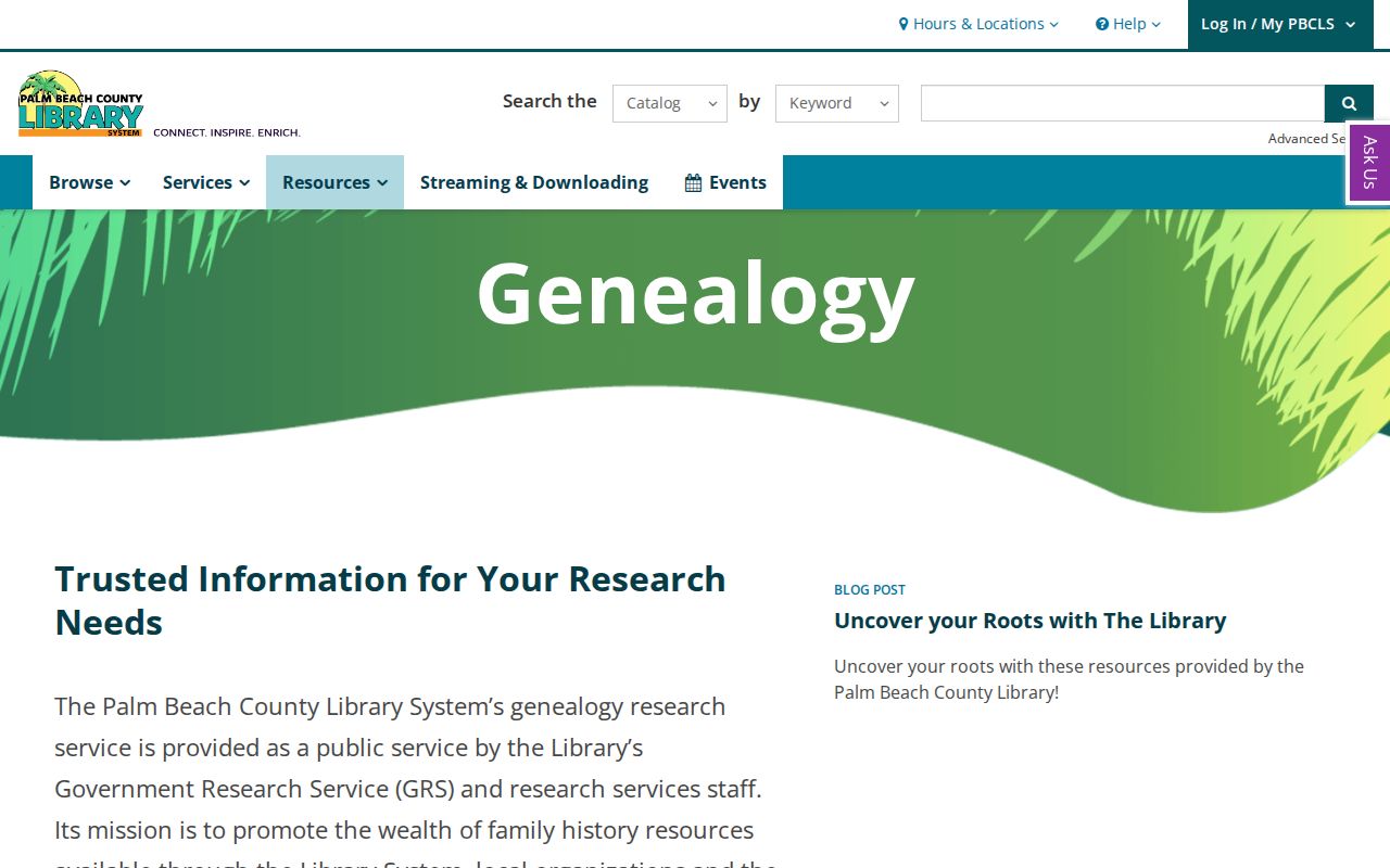 Palm Beach County Library genealogy research page