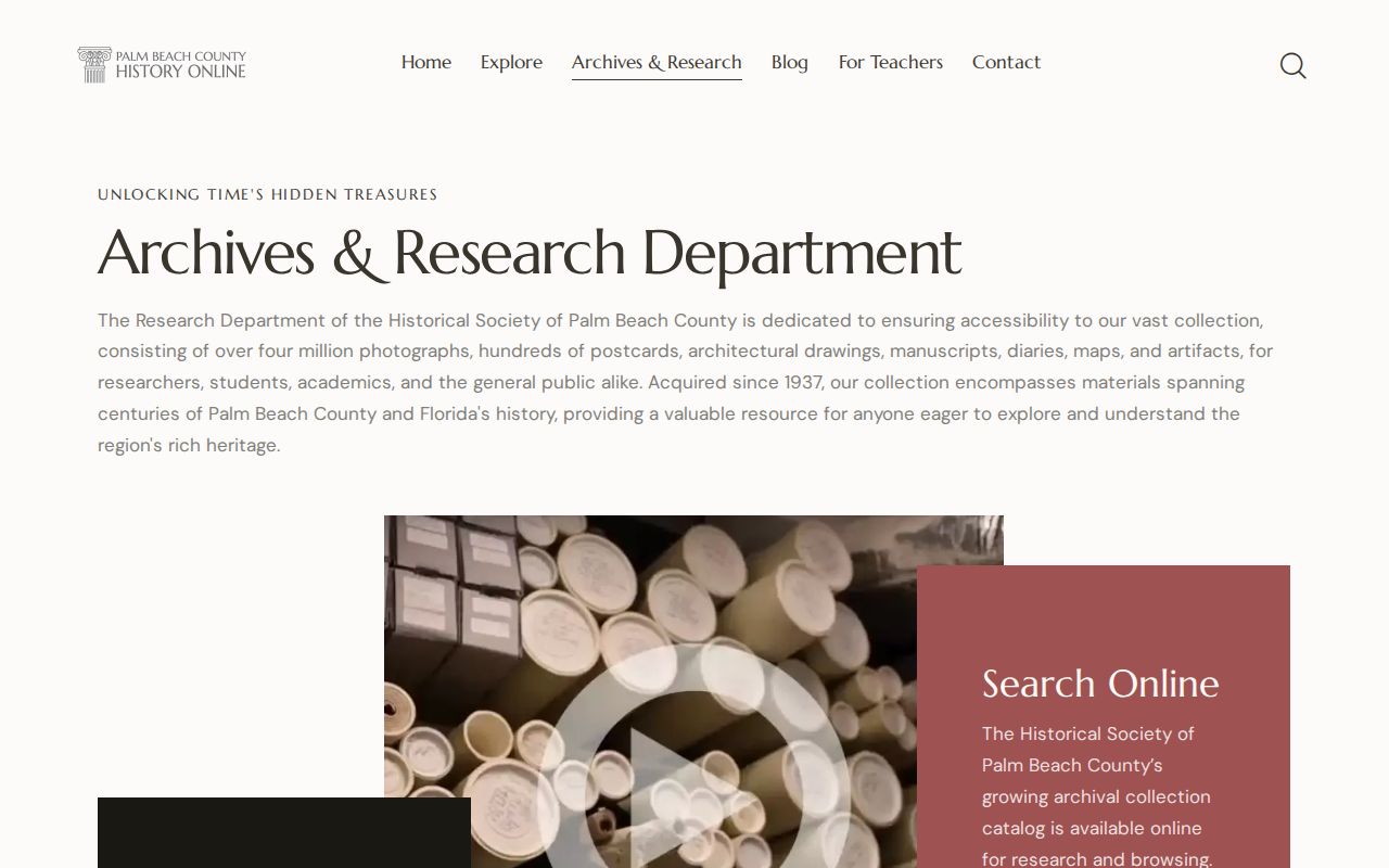 Historical Society of Palm Beach County archive catalog and appointment page