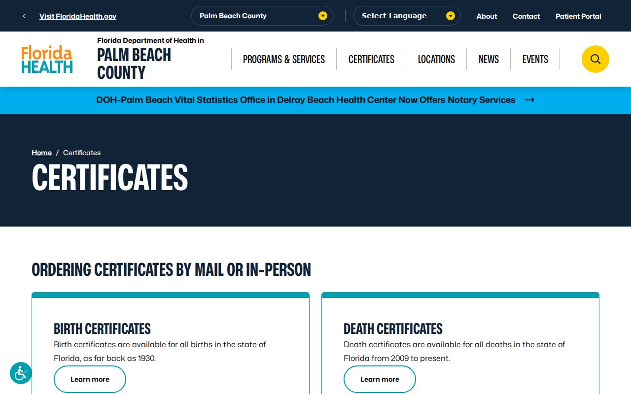 Florida Department of Health Palm Beach County vital certificates page