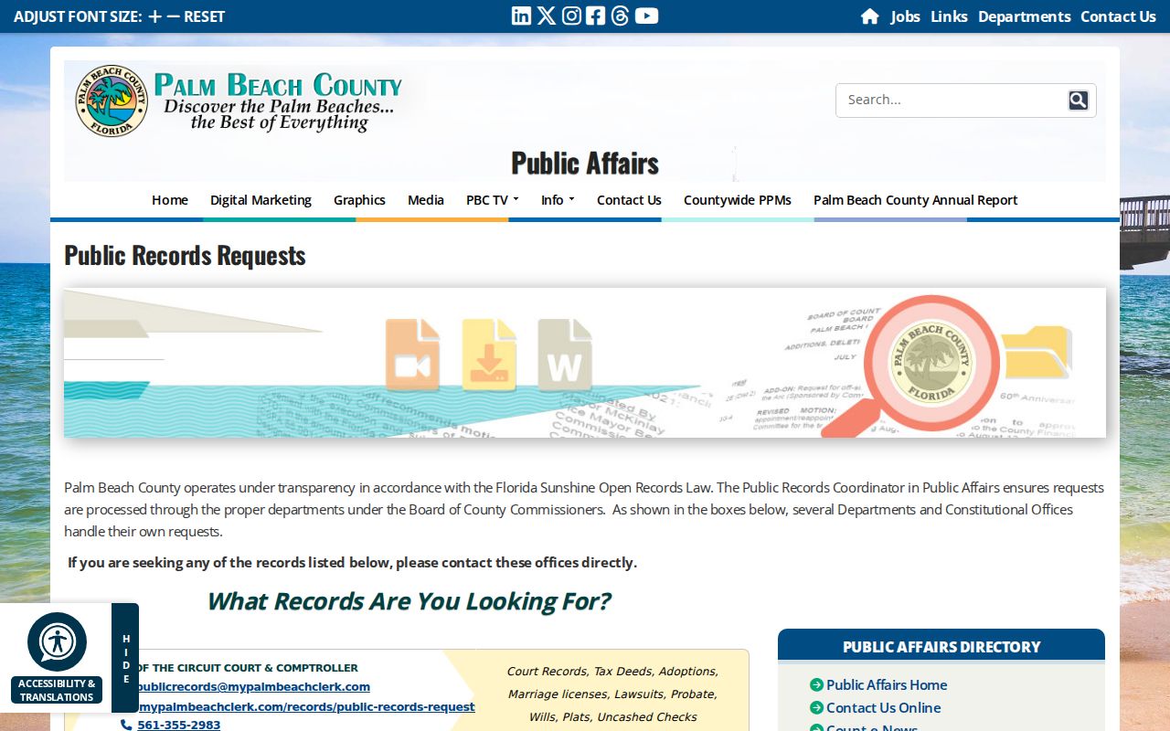 Palm Beach County public records request routing page