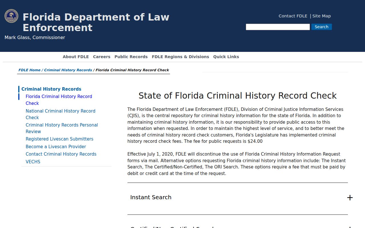FDLE Florida criminal history options for Palm Beach County identity checks