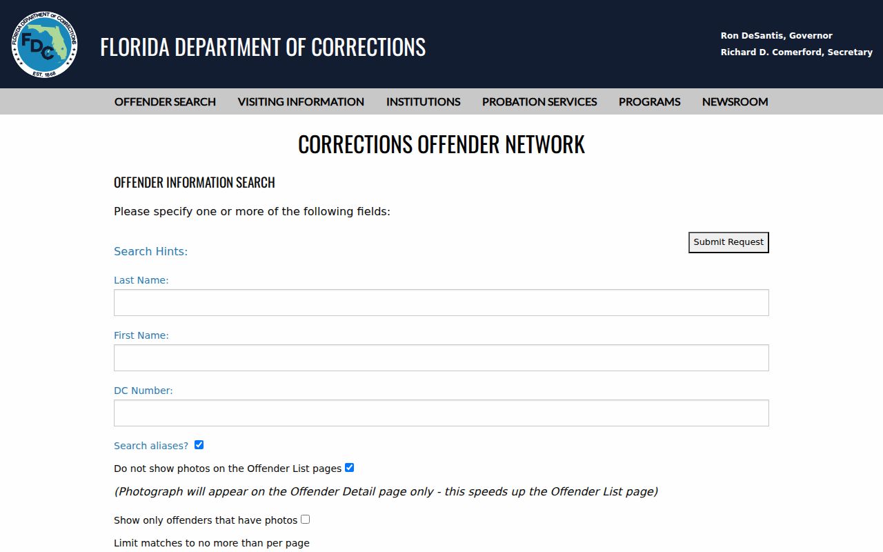 Florida Corrections Offender Network search for Palm Beach County names