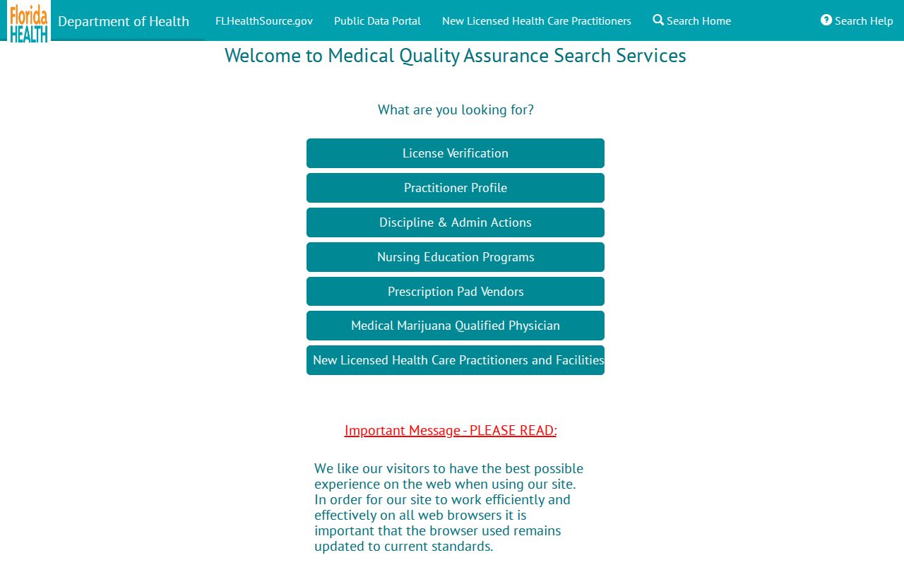 Florida MQA health license verification search for Palm Beach County