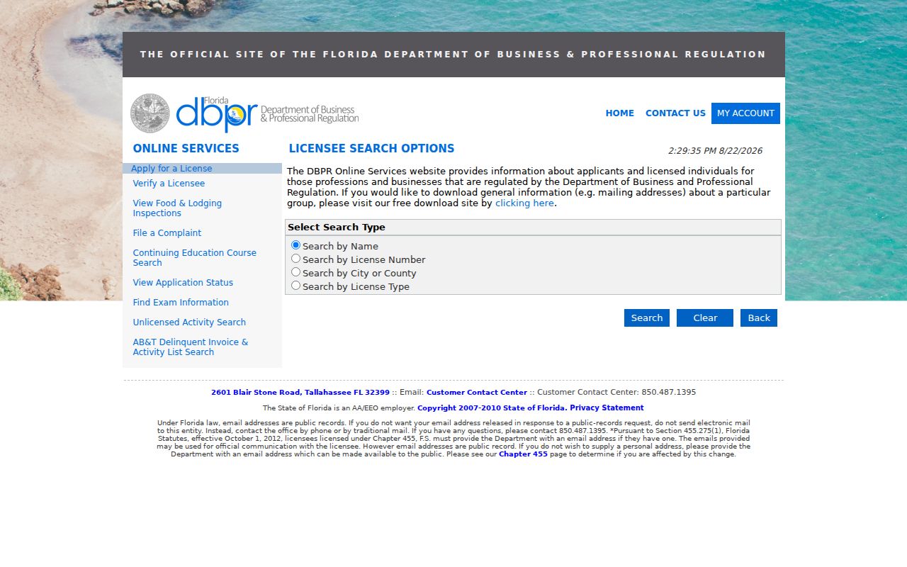 Florida DBPR license search used for Palm Beach County resident verification